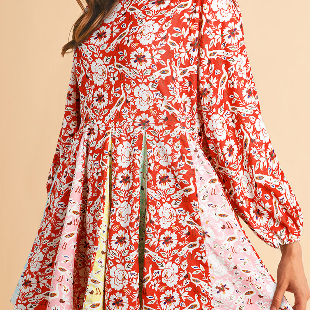 Red Colorful Floral Patchwork Long Sleeve Pleated Mini Dress