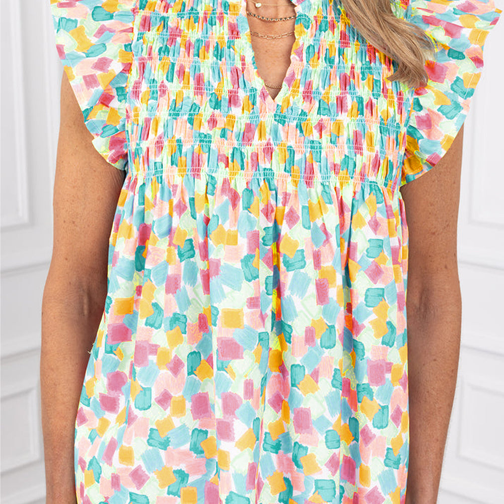 Sky Blue Shirred Yoke Ruffled Abstract Printed Blouse