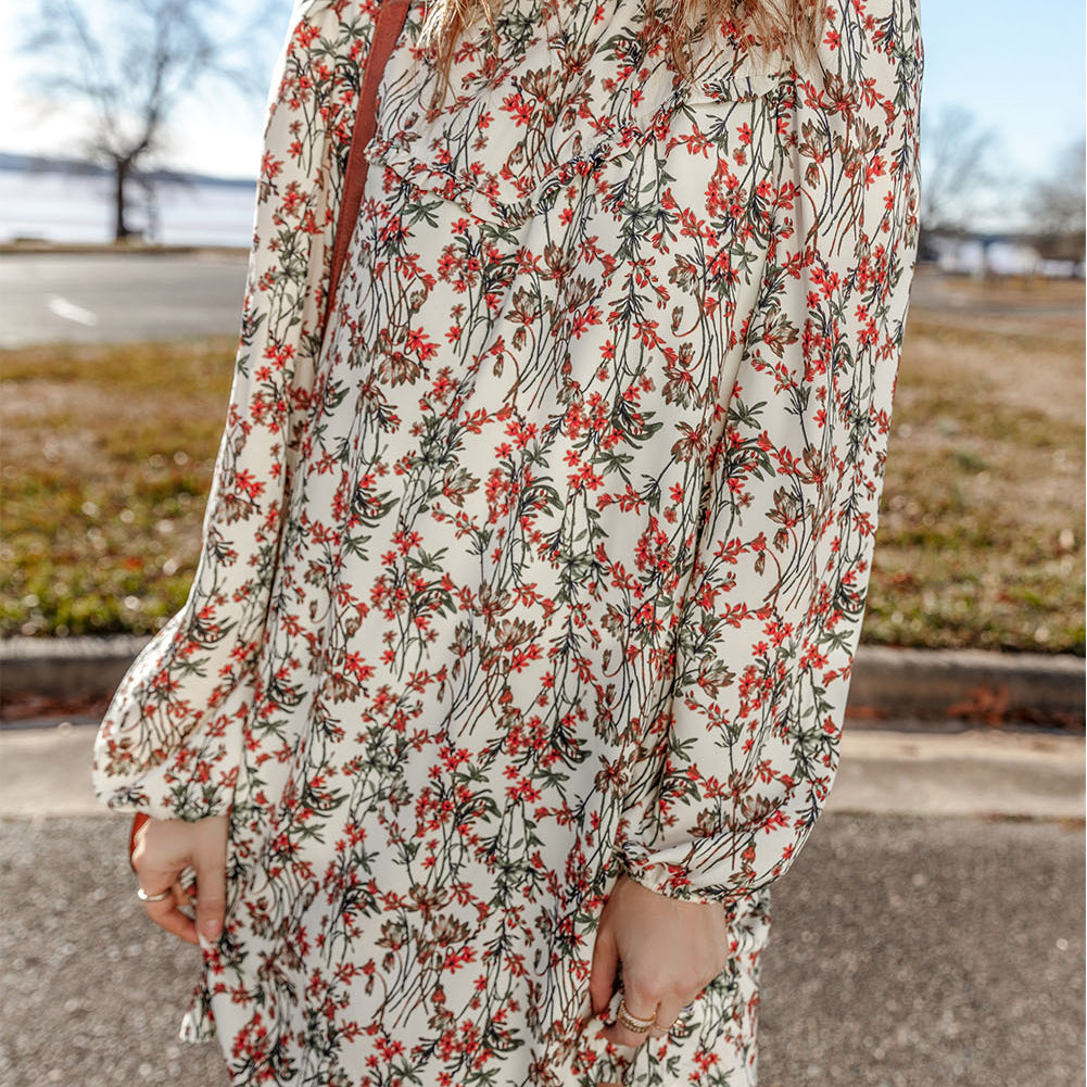 White Floral Printed Long Sleeve Mini Dress