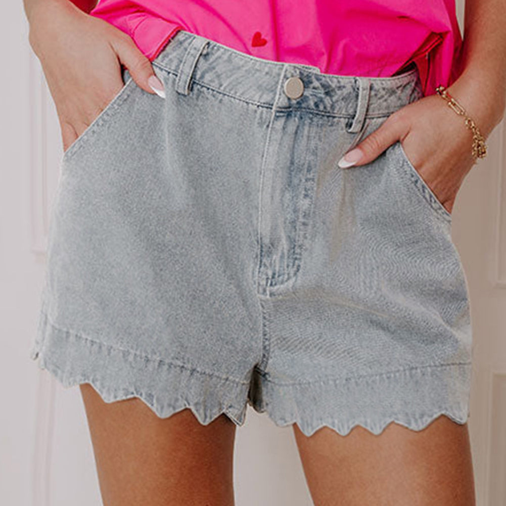 Dusk Blue Scalloped Hemline Acid Wash High Waist Denim Shorts