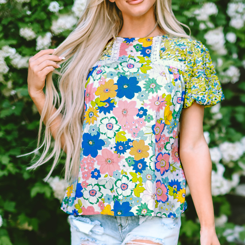 Green Bubble Sleeve Lace Trim Floral Mixed Print Blouse