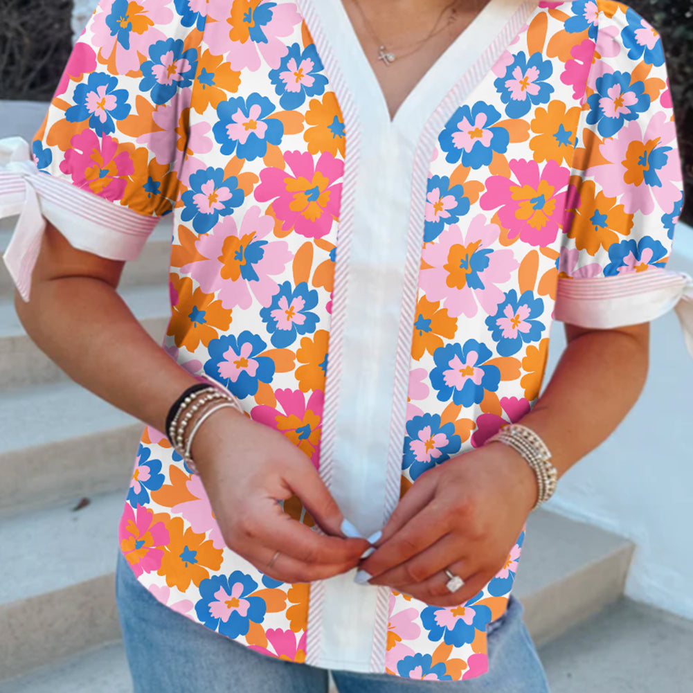 White Floral Colorblock Striped Edge V Neck Knotted Short Sleeve Blouse