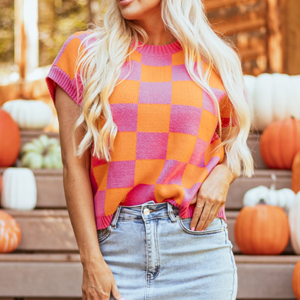 Strawberry Pink Colorblock Plaid Pattern Ribbed Trim Sweater Tank Top