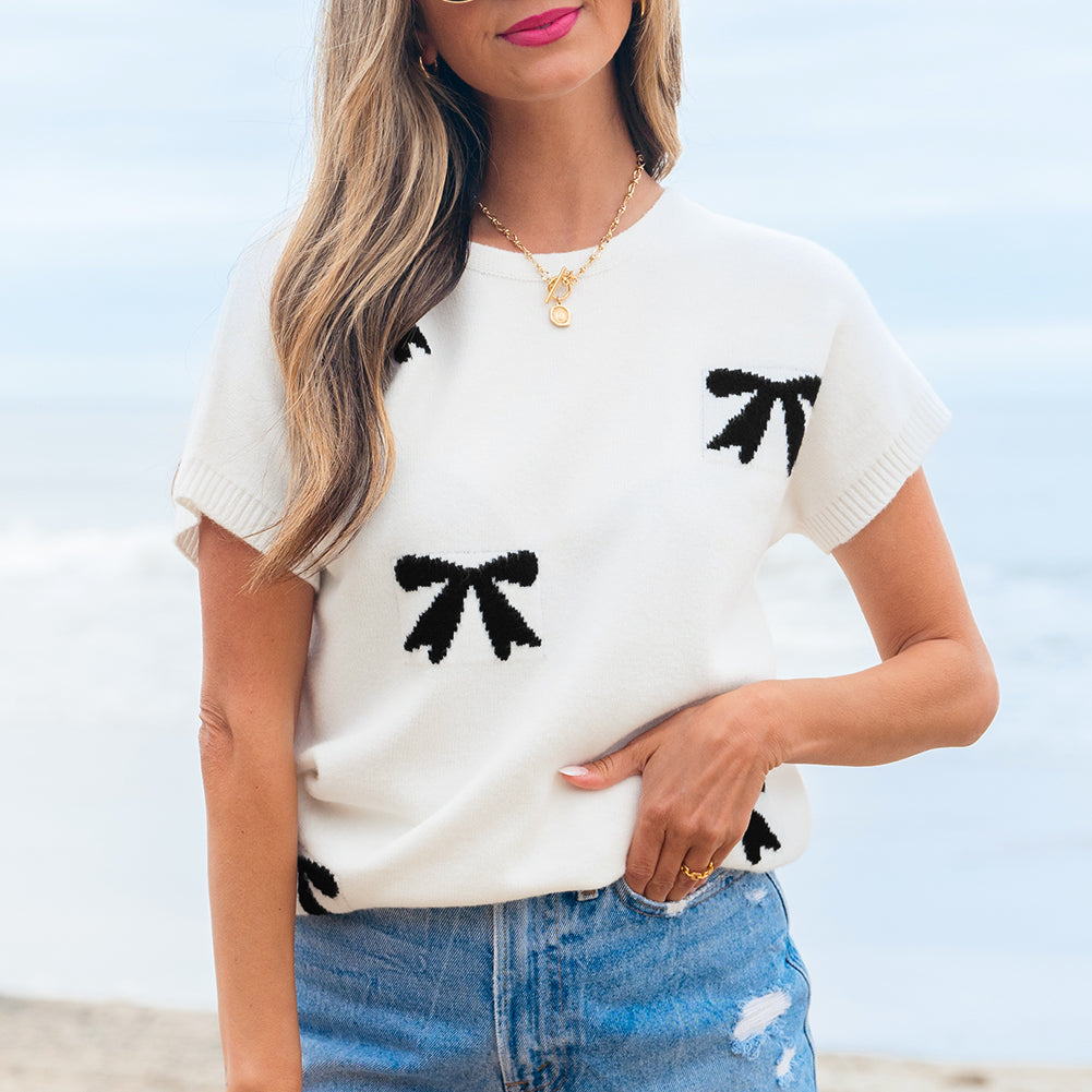 White Bow Pattern Knit Short Sleeve Sweater