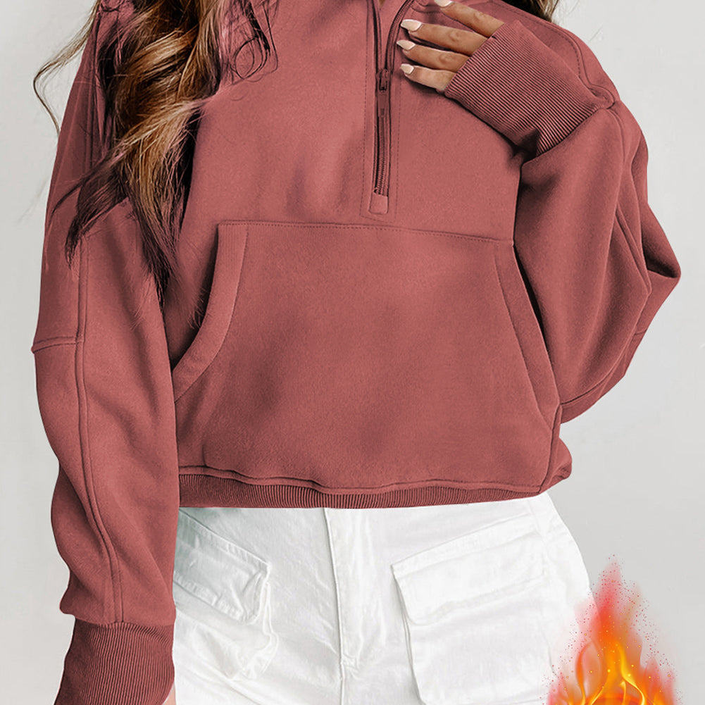 Flamingo Fleece Lined Zip Up Stand Collar Thumbhole Sleeve Sweatshirt