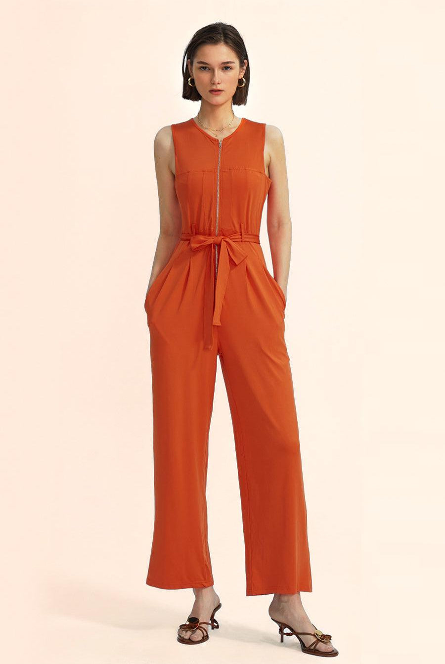 Sleeveless V-Neck Zipper Up Jumpsuits - Cherfly