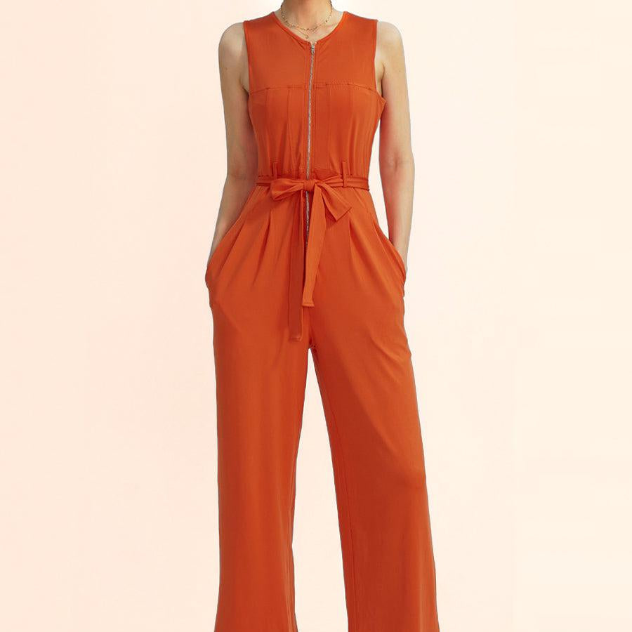 Sleeveless V-Neck Zipper Up Jumpsuits - Cherfly
