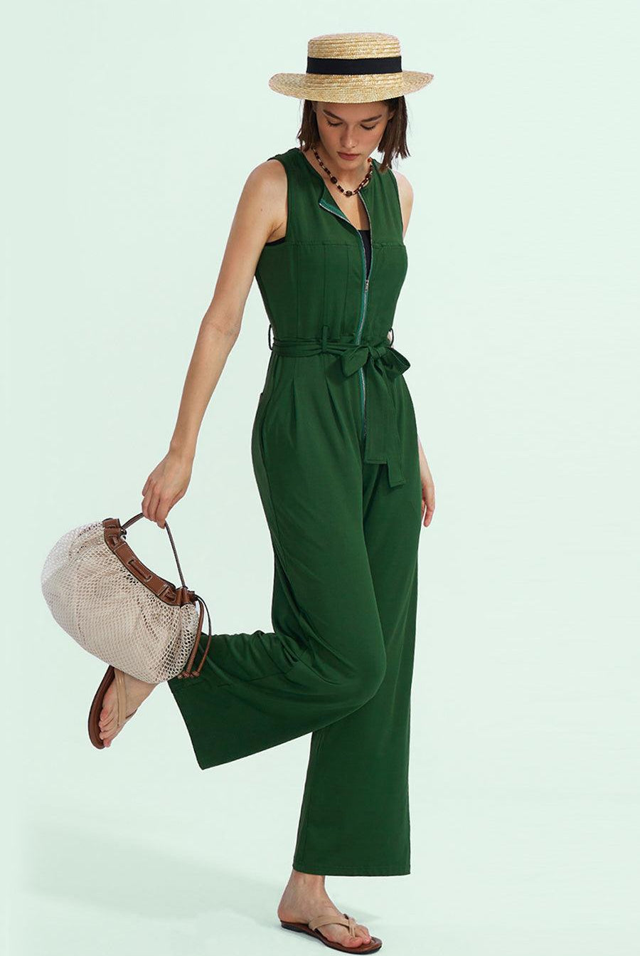 Sleeveless V-Neck Zipper Up Jumpsuits - Cherfly