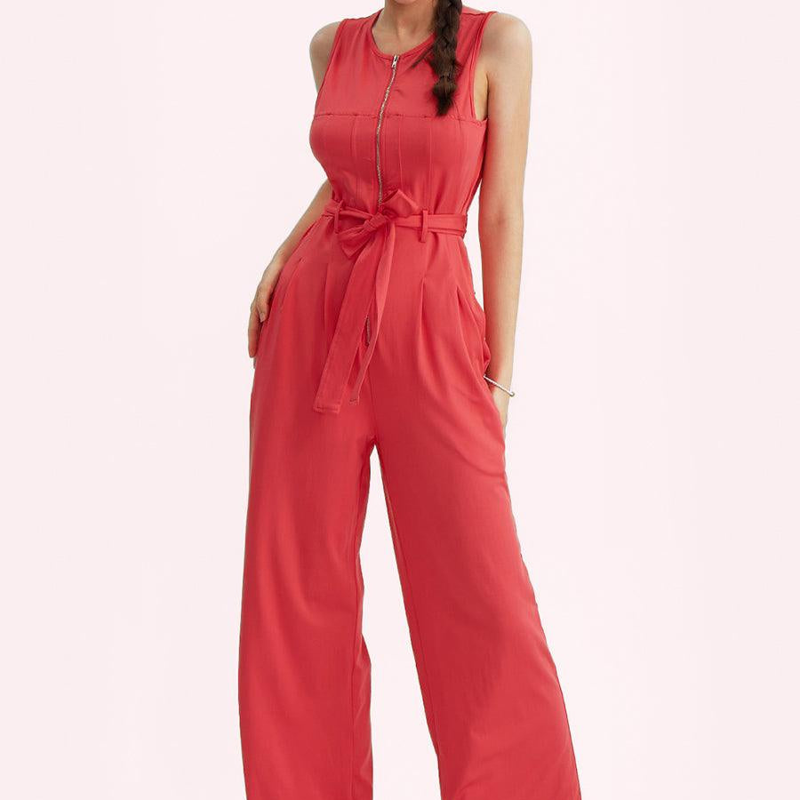 Sleeveless V-Neck Zipper Up Jumpsuits - Cherfly