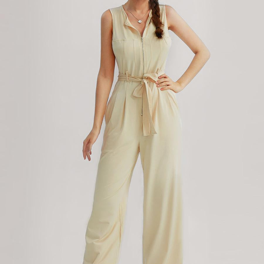 Sleeveless V-Neck Zipper Up Jumpsuits - Cherfly
