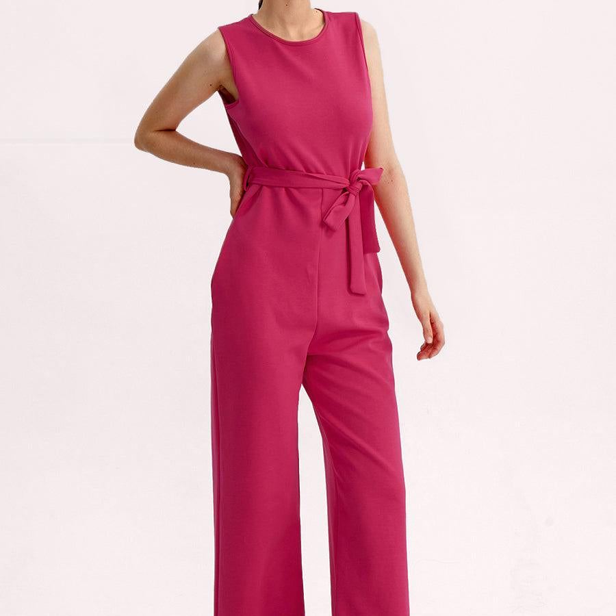 Crew Neck Sleeveless Belted Jumpsuits - Cherfly