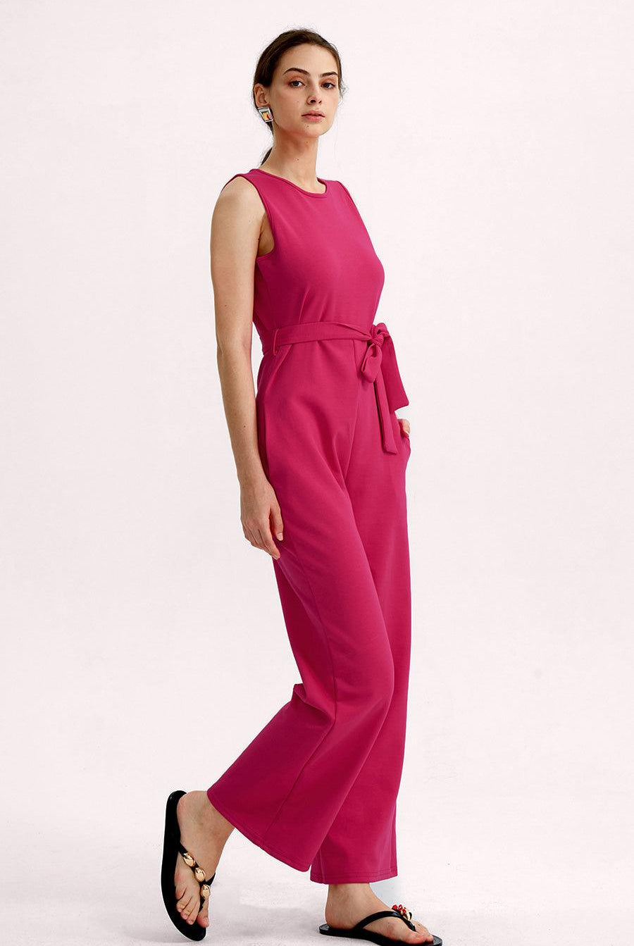 Crew Neck Sleeveless Belted Jumpsuits - Cherfly