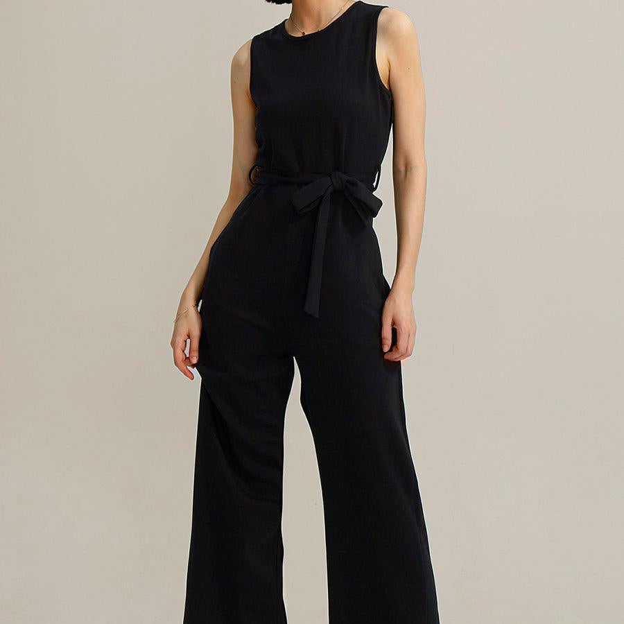 Crew Neck Sleeveless Belted Jumpsuits - Cherfly