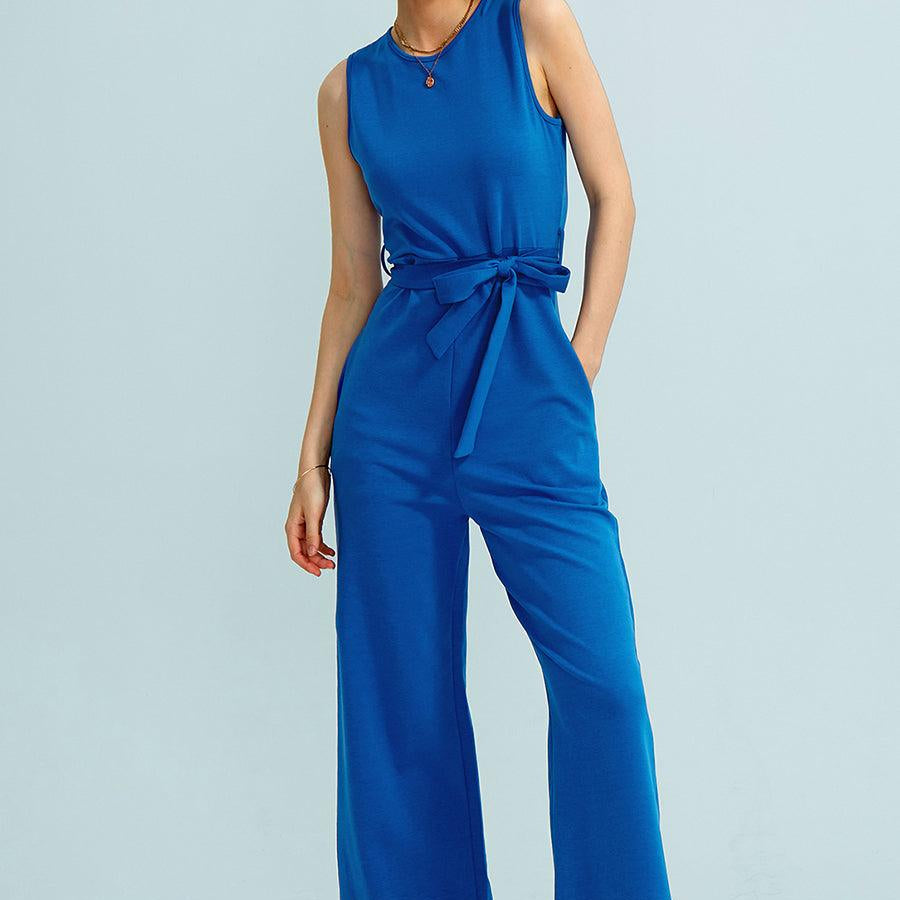 Crew Neck Sleeveless Belted Jumpsuits - Cherfly