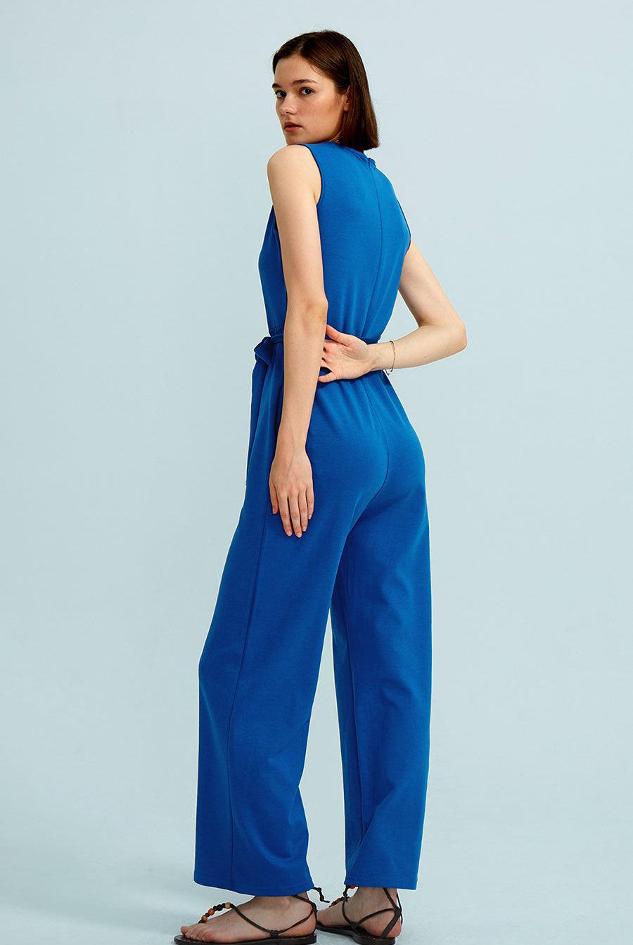 Crew Neck Sleeveless Belted Jumpsuits - Cherfly