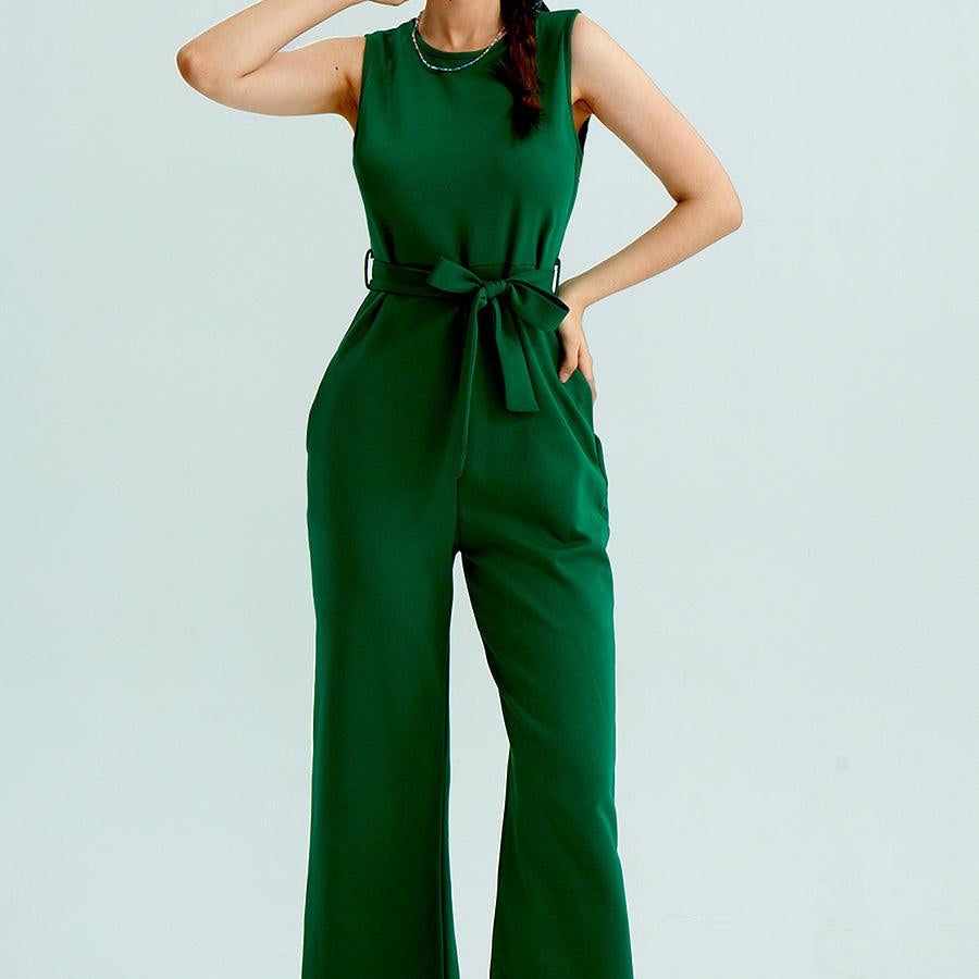 Crew Neck Sleeveless Belted Jumpsuits - Cherfly