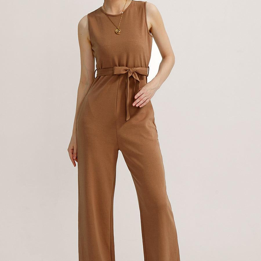 Crew Neck Sleeveless Belted Jumpsuits - Cherfly