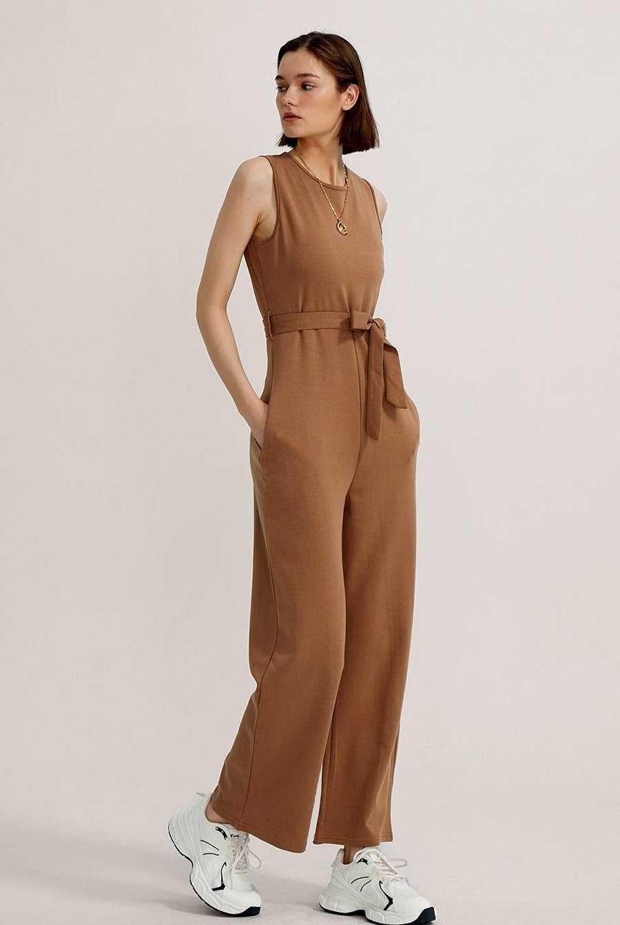 Crew Neck Sleeveless Belted Jumpsuits - Cherfly
