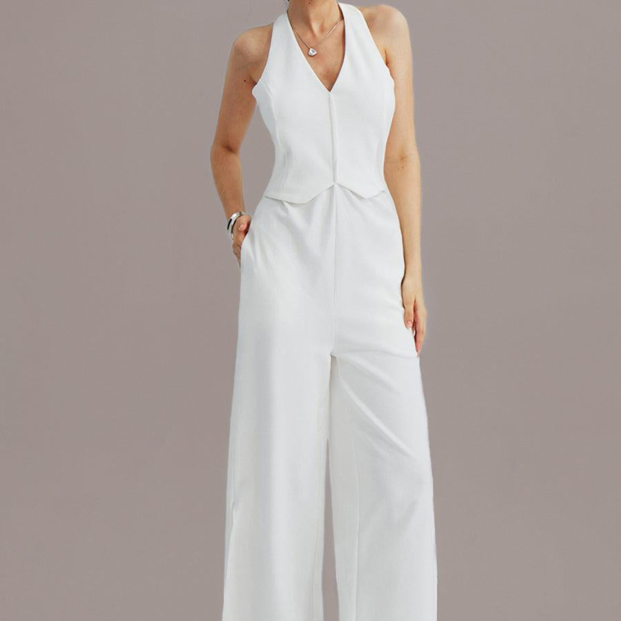 V-Neck Halter Side-Slit Pants Jumpsuits - Cherfly