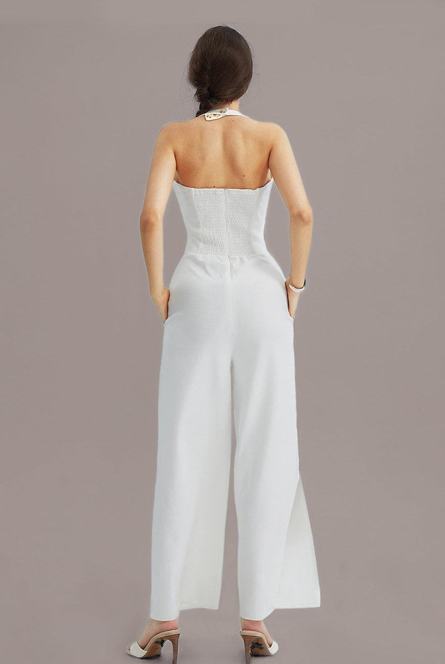 V-Neck Halter Side-Slit Pants Jumpsuits - Cherfly