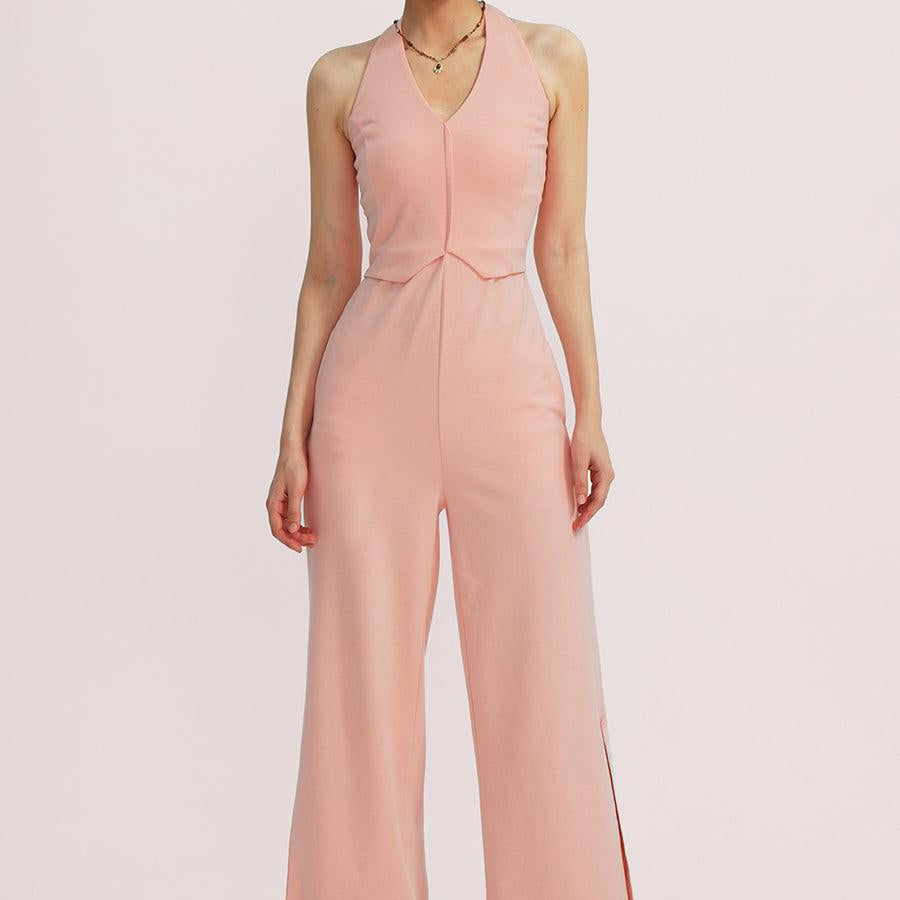 V-Neck Halter Side-Slit Pants Jumpsuits - Cherfly