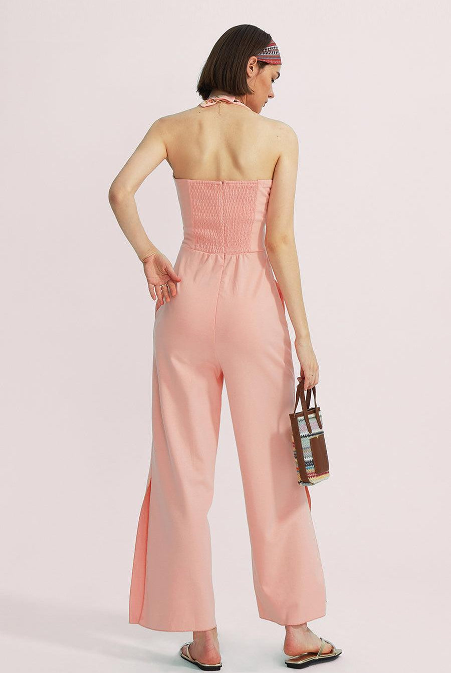 V-Neck Halter Side-Slit Pants Jumpsuits - Cherfly
