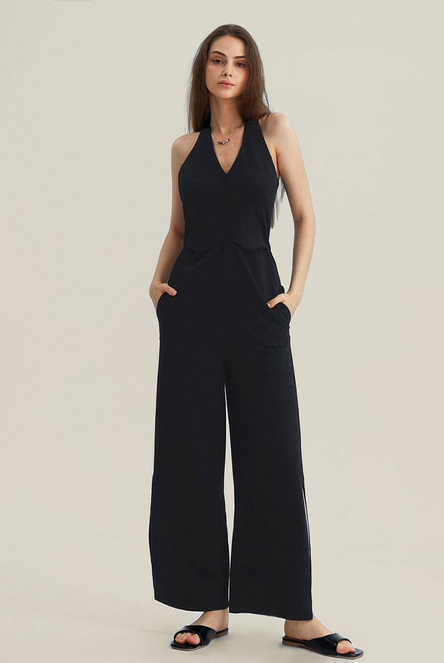 V-Neck Halter Side-Slit Pants Jumpsuits - Cherfly