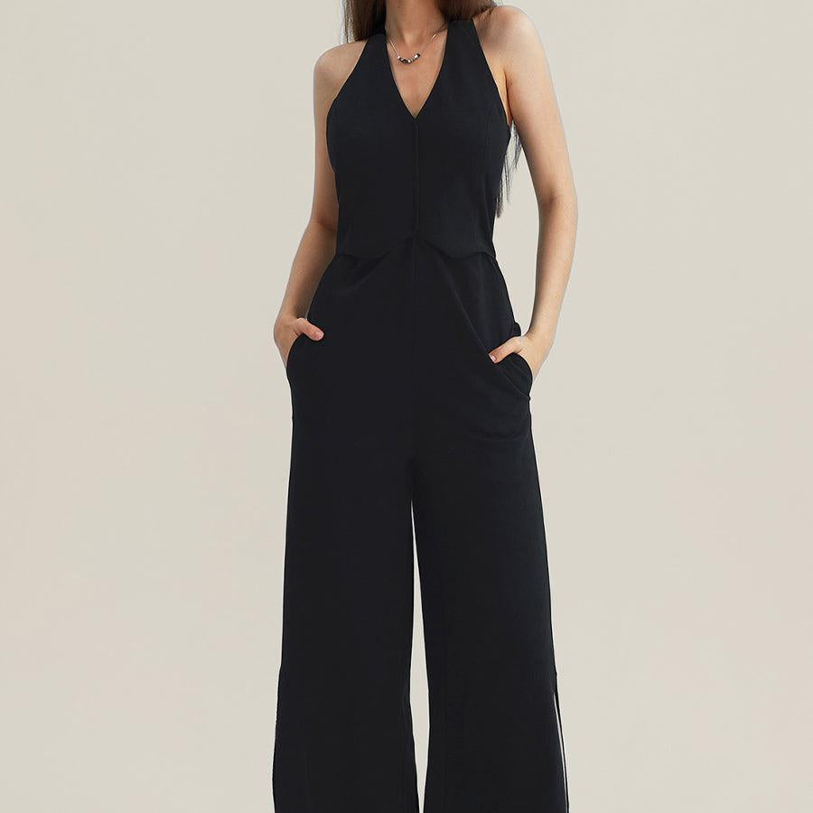 V-Neck Halter Side-Slit Pants Jumpsuits - Cherfly