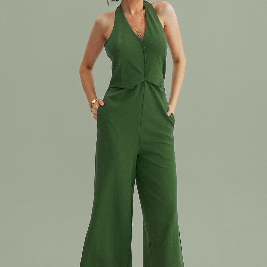 V-Neck Halter Side-Slit Pants Jumpsuits - Cherfly