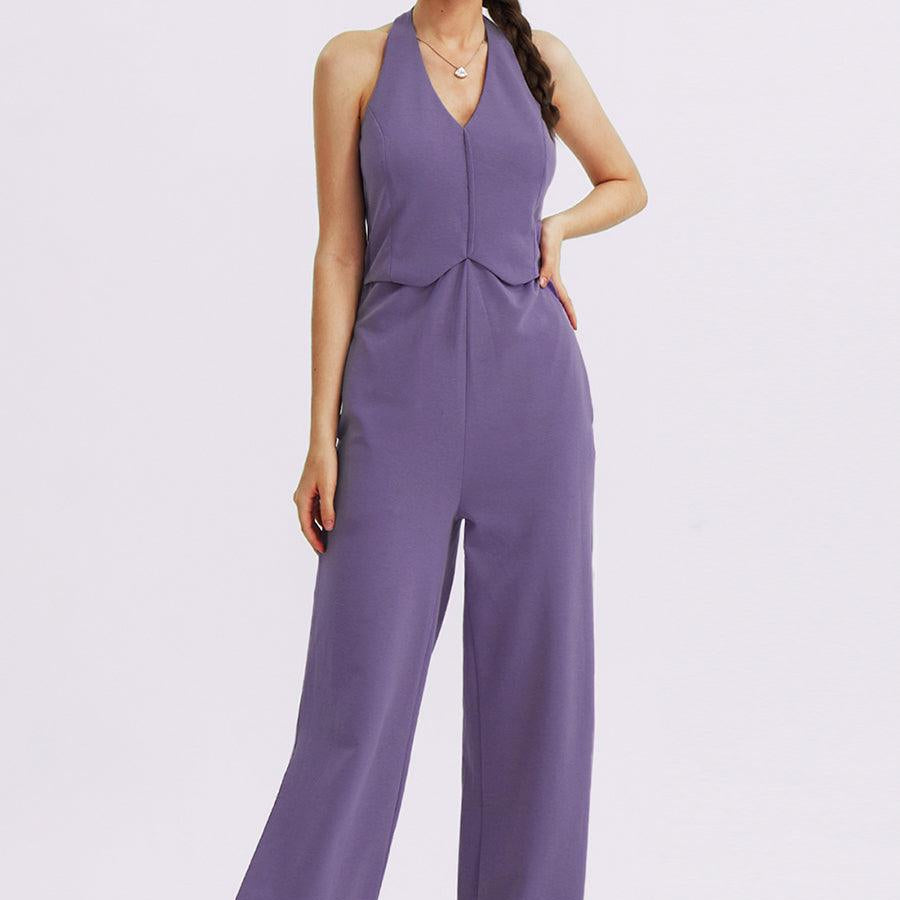 V-Neck Halter Side-Slit Pants Jumpsuits - Cherfly