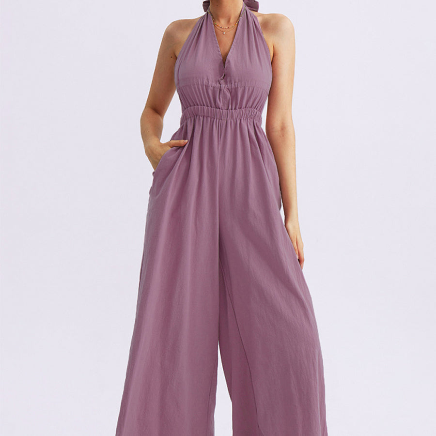 CHERFLY Backless V-Neck Halter  jumpsuits