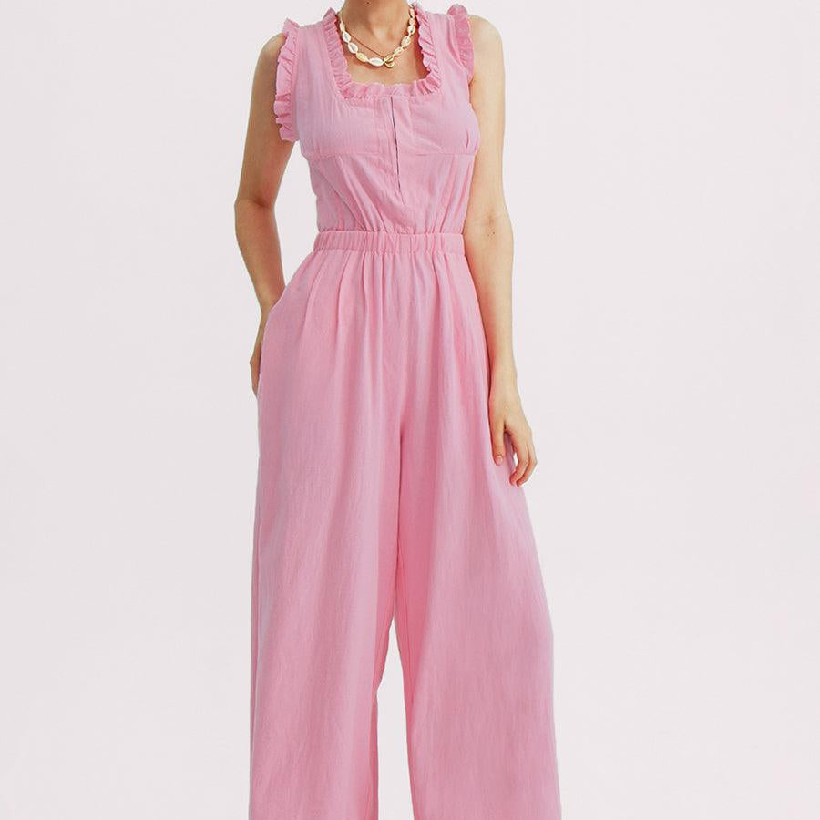 Ruffle Neckline Backstrap Jumpsuits - Cherfly