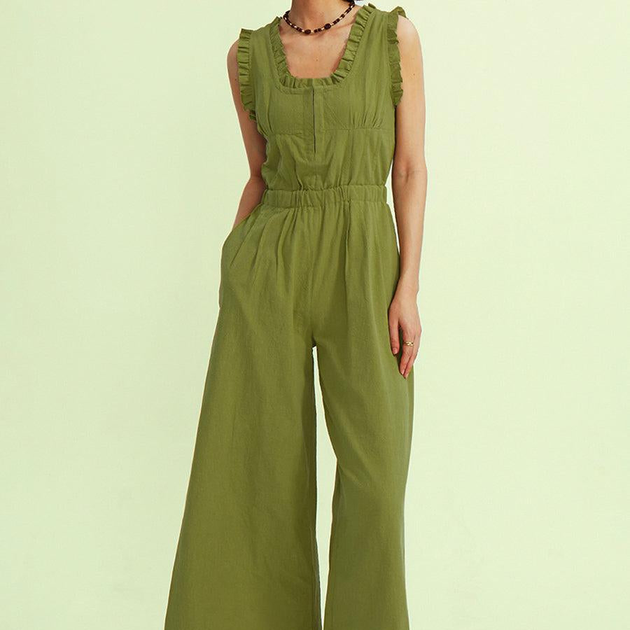 Ruffle Neckline Backstrap Jumpsuits - Cherfly