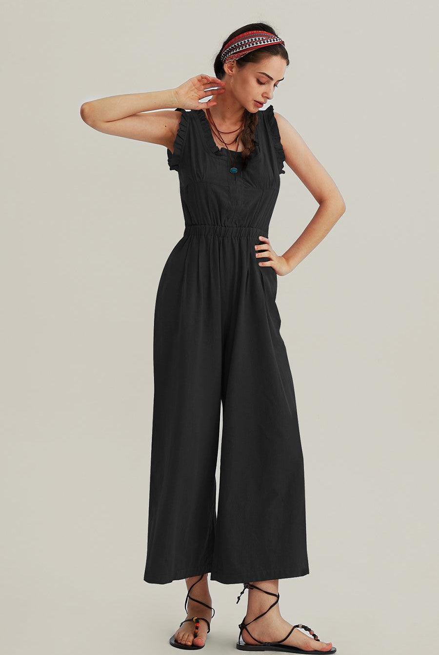 Ruffle Neckline Backstrap Jumpsuits - Cherfly