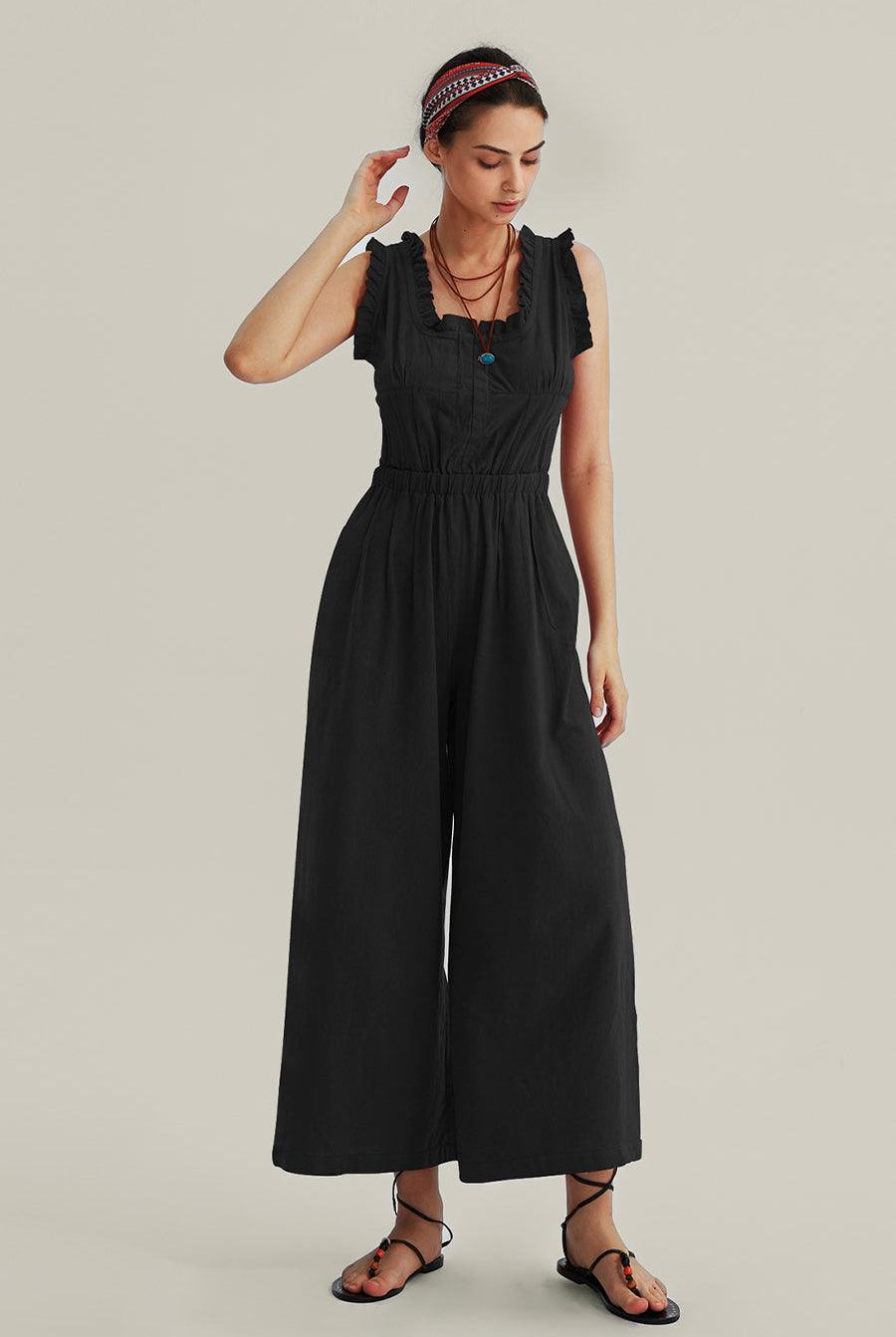 Ruffle Neckline Backstrap Jumpsuits - Cherfly