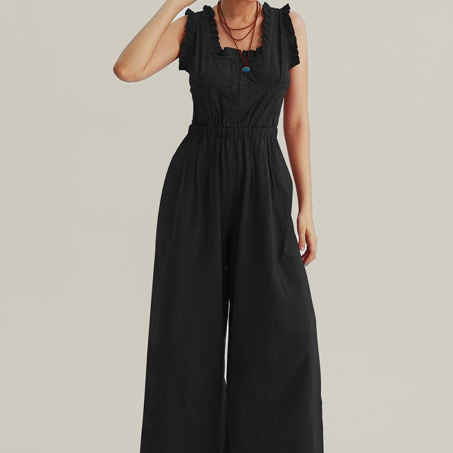 Ruffle Neckline Backstrap Jumpsuits - Cherfly