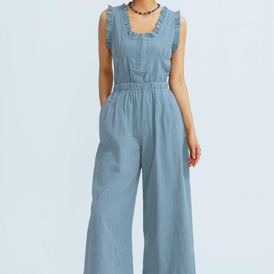 Ruffle Neckline Backstrap Jumpsuits - Cherfly