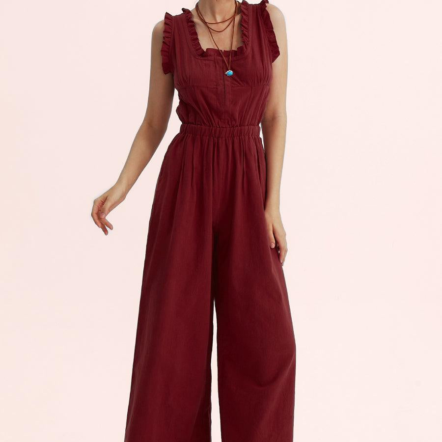 Ruffle Neckline Backstrap Jumpsuits - Cherfly