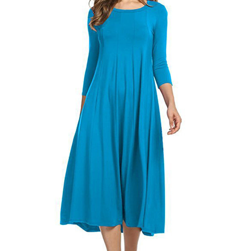 3/4 Sleeve Spring Crew neck Other Other Solid Polyester A-Line Dress Easy Care Knee Length Women