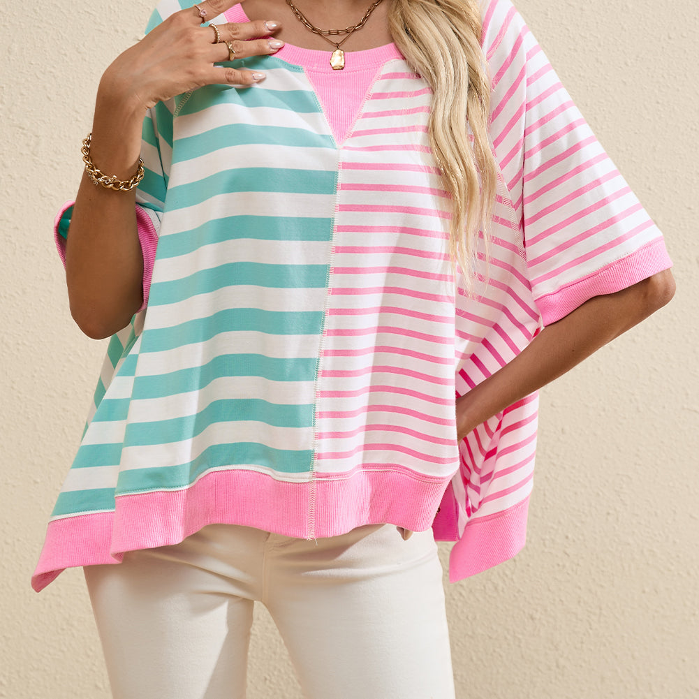 Pink Stripe Contrast Patchwork Oversized T Shirt