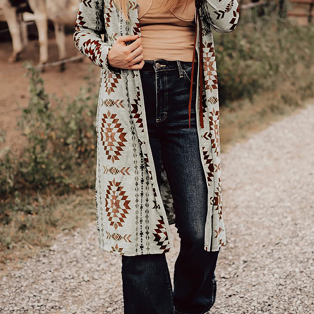 Sky Blue Western Aztec Printed Open Front Long Cardigan