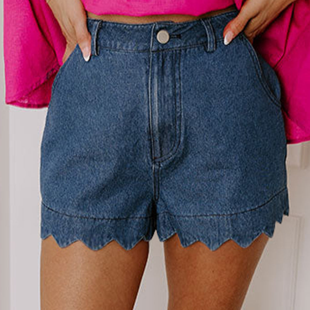Sail Blue Scalloped Hemline Acid Wash High Waist Denim Shorts