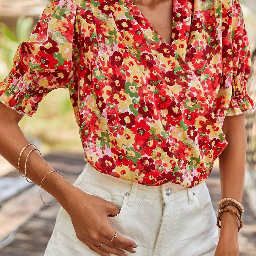 Red Floral Bubble Sleeve Pleated V Neck Wrap Blouse