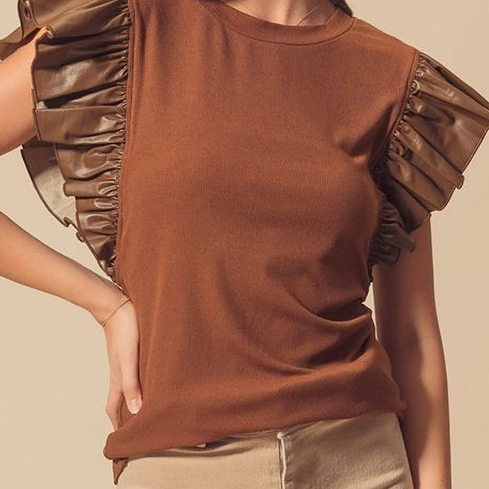 Black Leather Ruffle Sleeve Patchwork Round Neck Blouse