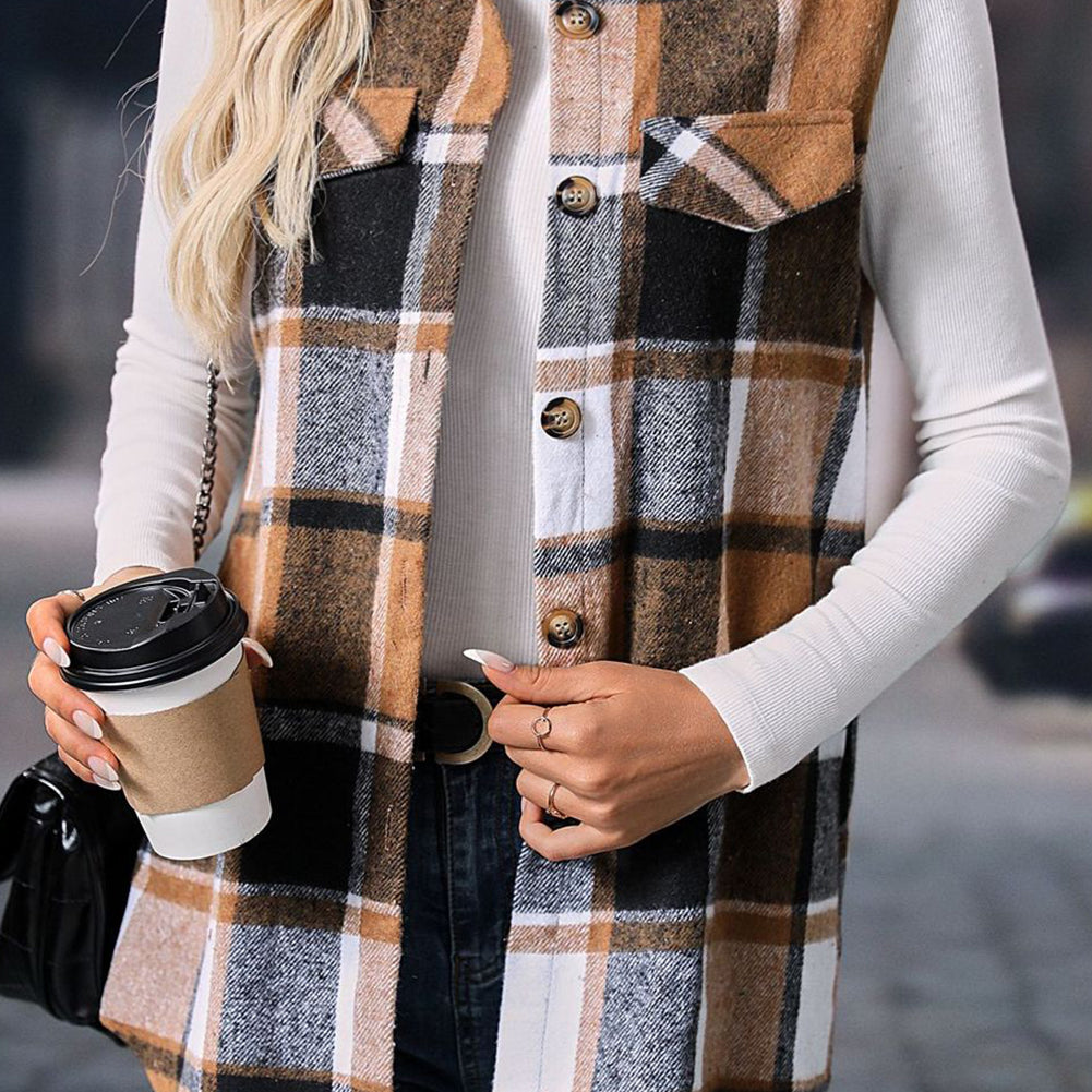 Straw Yellow Retro Plaid Button up Collared Vest