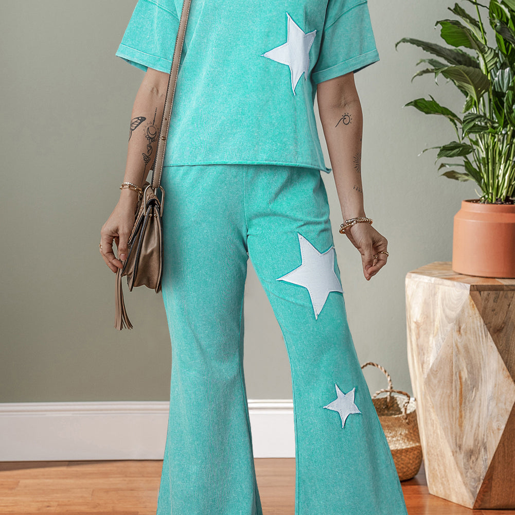Mint Green Acid Wash Star Patched Rolled Trim Pants Set