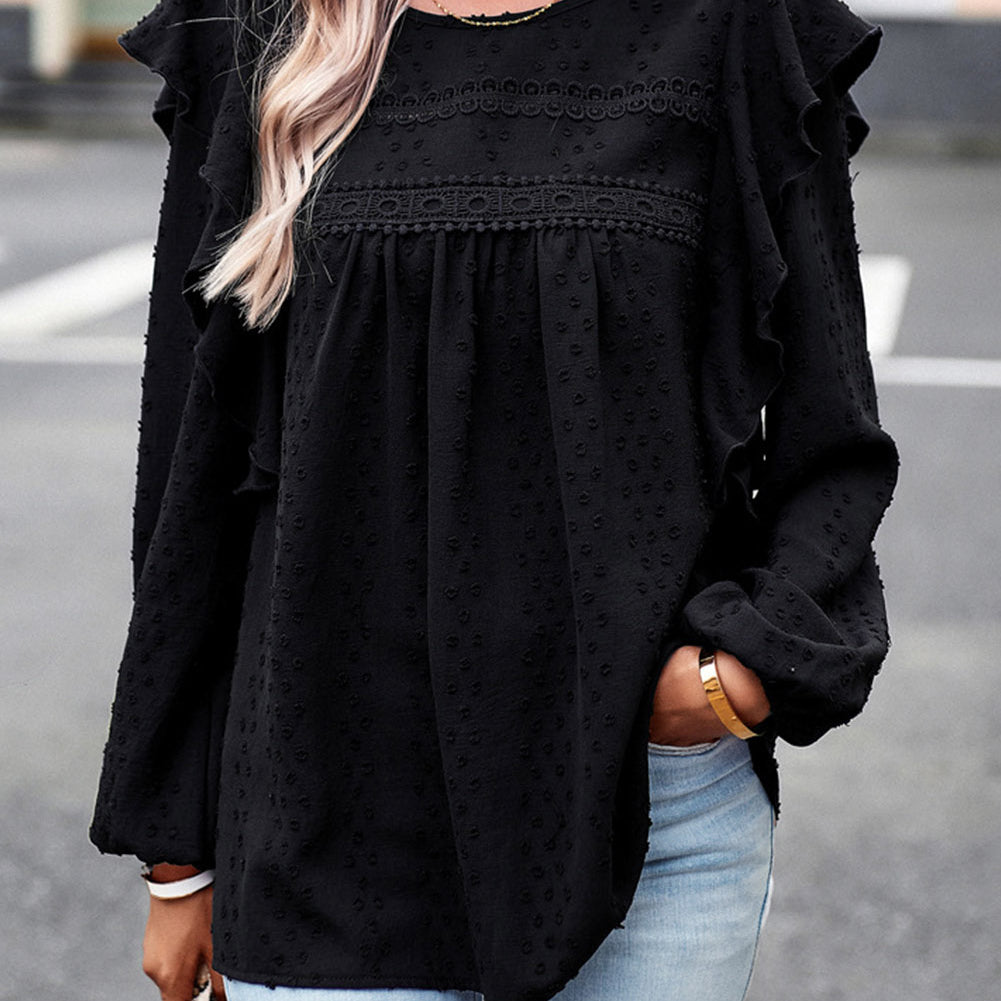Black Lace Eyelet Ruffle Shoulder Long Sleeve Blouse