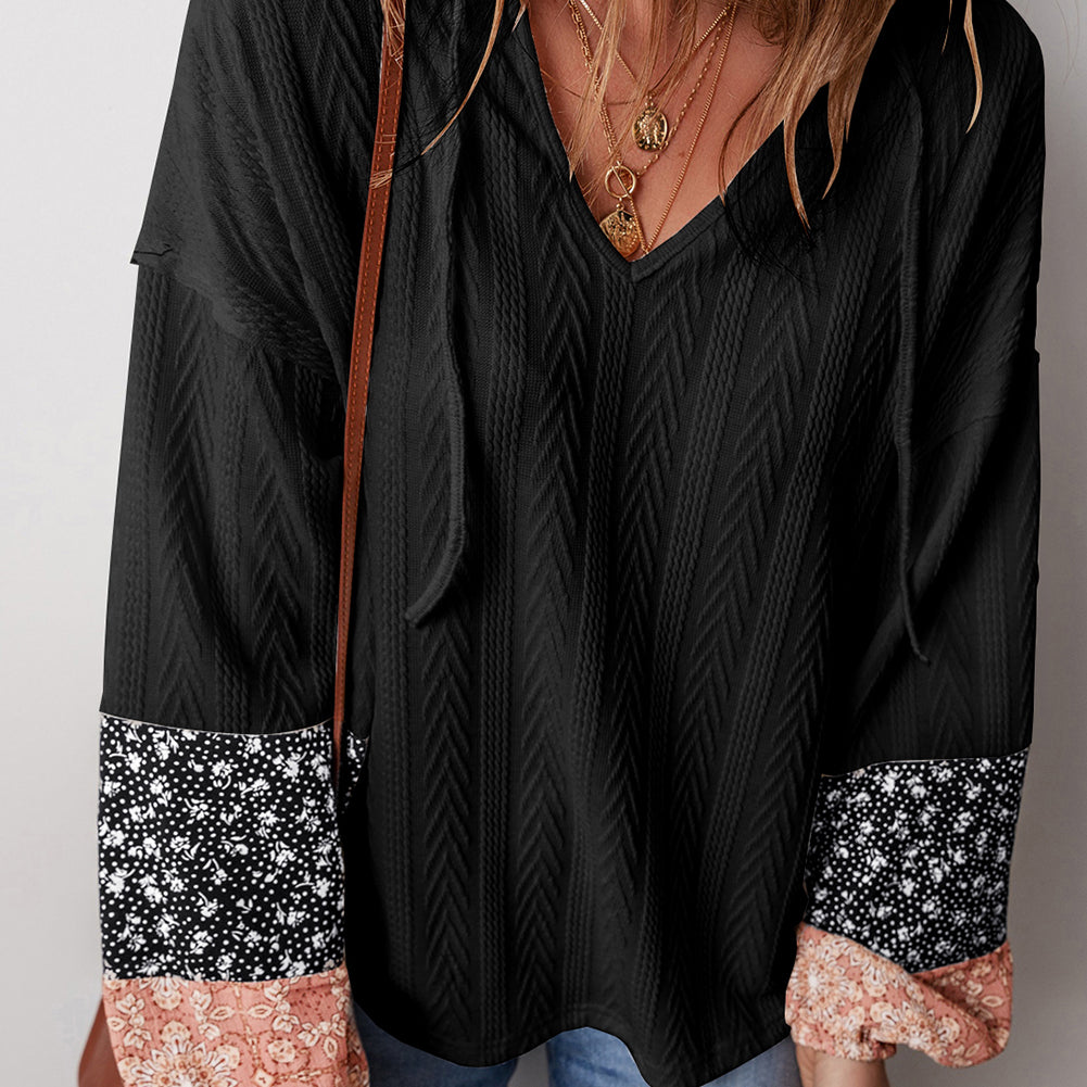 Black Floral Patchwork Textured Knit Drawstring V Neck Blouse