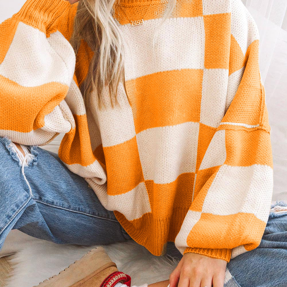 Green Checkered Bishop Sleeve Sweater