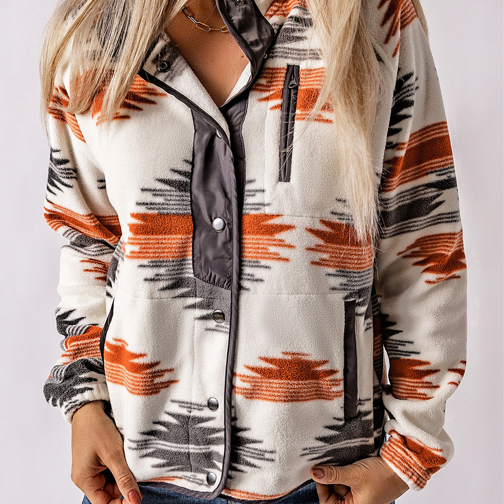Gray Western Aztec Snap Buttoned Fleece Jacket